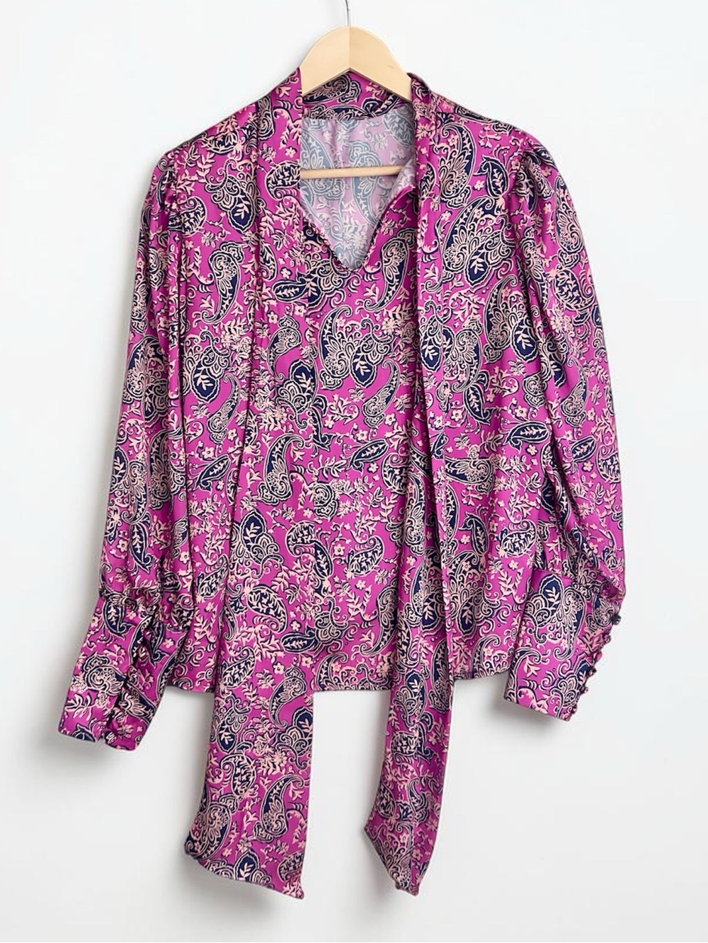 Maria de la Orden Ballu Pink Satin Paisley Satin Blouse Top Tie Front Sz 6 EU 38